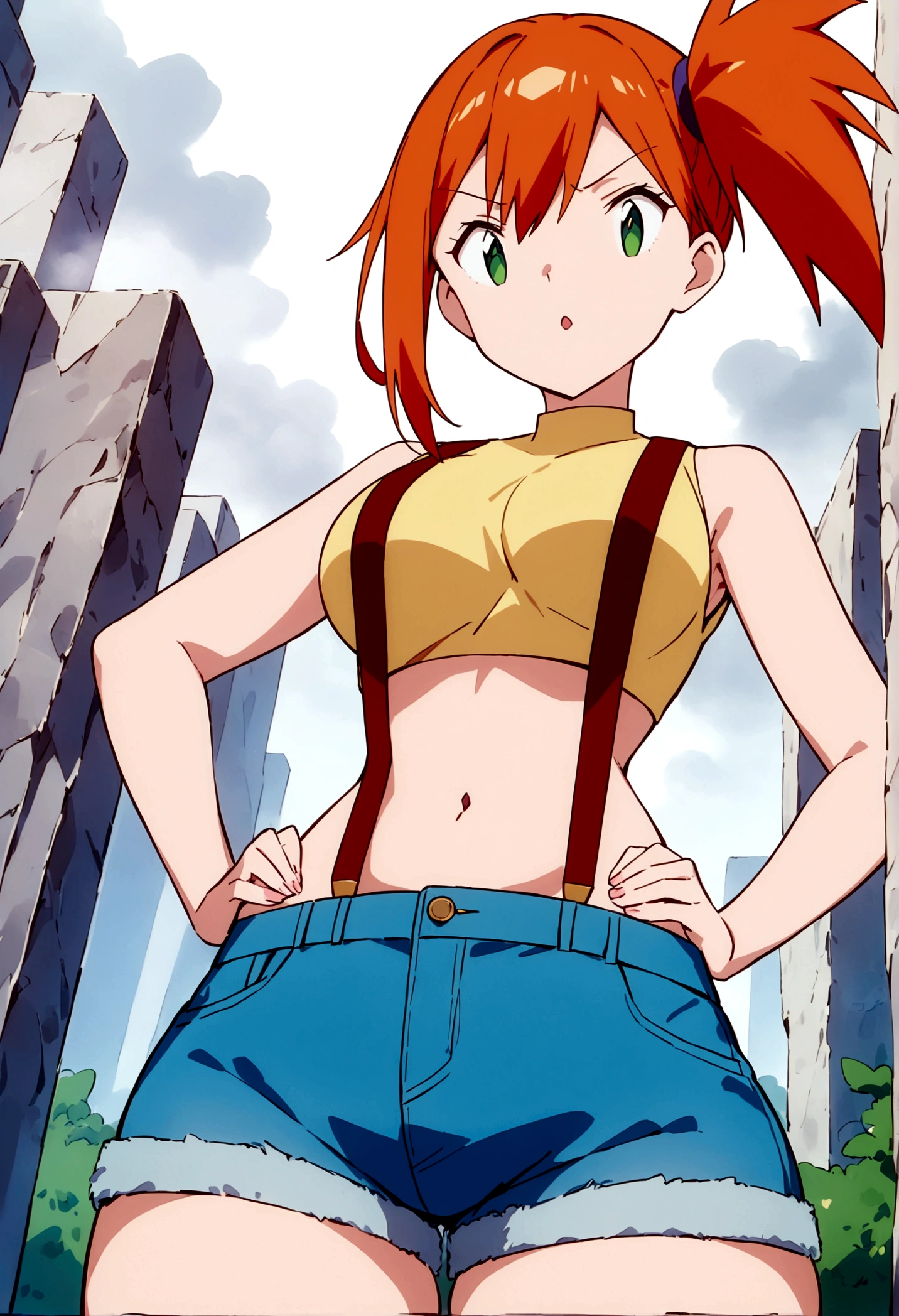 score_9,score_8_up, score_7_up,source_anime.superior,from ,face below view,straight-on. Dutchangle, (Insect's Eye).,, masterpiece,bestquality, Highest quality, (mature:1.2) ,1girl, Outdoor, Green Eyes, Orange Hair, , Yellow Shirt, Sleeveless shirt,belly button, Denim shorts, suspenders,  Captivating look,  (slender), delicate curves, ,(under_boob),(superfineillustration,finely detail),(absurdres),(shirtlift),(shirt pull:1.2),sweat,wet,,1990s_(style)
