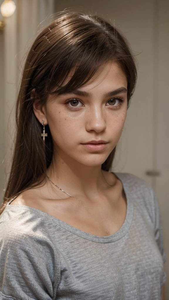 I want an image of a ager with the following characteristics: 1. Age and General Appearance: - Approximate age of 15 to 16 years. - He must look very young, highlighting his youth in his appearance. 2. Hair: - Hair rizado (chino). - Shoulder length. - Color natural. 3. accessories: -She wears a silver cross-shaped earring in one of her ears. 4. fur: - fur blanca. - You must have some blemishes on your face, how you freckle, small pimples or marks, but don't lose your natural beauty. 5. Eyes: - Eyes de color verde. Make sure that all these details are clearly visible in the image and that its appearance clearly reflects the youth of a teenager of 15-16 years