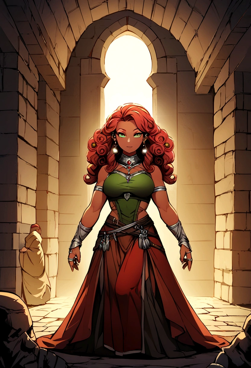 in D&D art create a female dwarf , he is a warrior, she has tanned skin, charming green eyes, long ginger curly hair, ring earings. The back ground is a dungeon