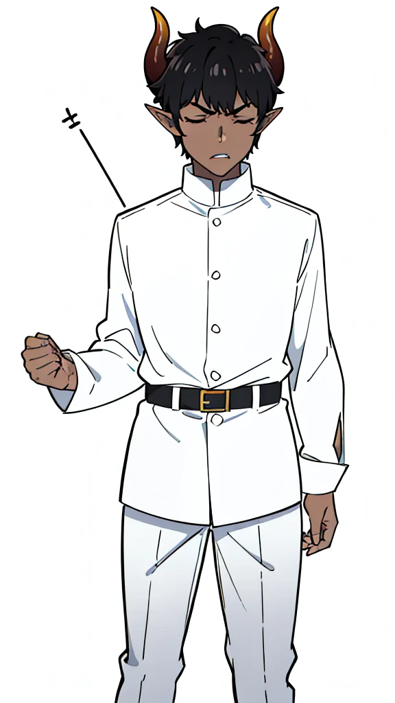 (1boy,,solo),((dark skin)),(white shirt,long sleeves),Short hair,black hair,elf ears,(horns),(white background,line drawing),teeth,closed eyes,angry,profille