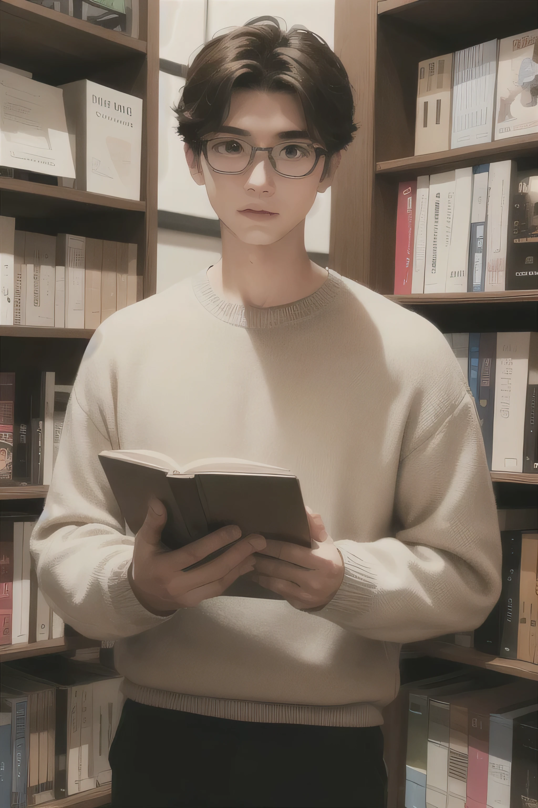 boy, 1.70 m. Physique: thin, tall. Hair: dark brown, medium, wavy. Eyes: light brown, wears glasses. White skin. Wearing a brown sweater and holding a book.