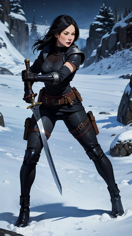1 woman, 25 years old, Lucy Liu, Skyrim, wearing black leather armor, ebony short-sword, full body portrait, ready for a fight