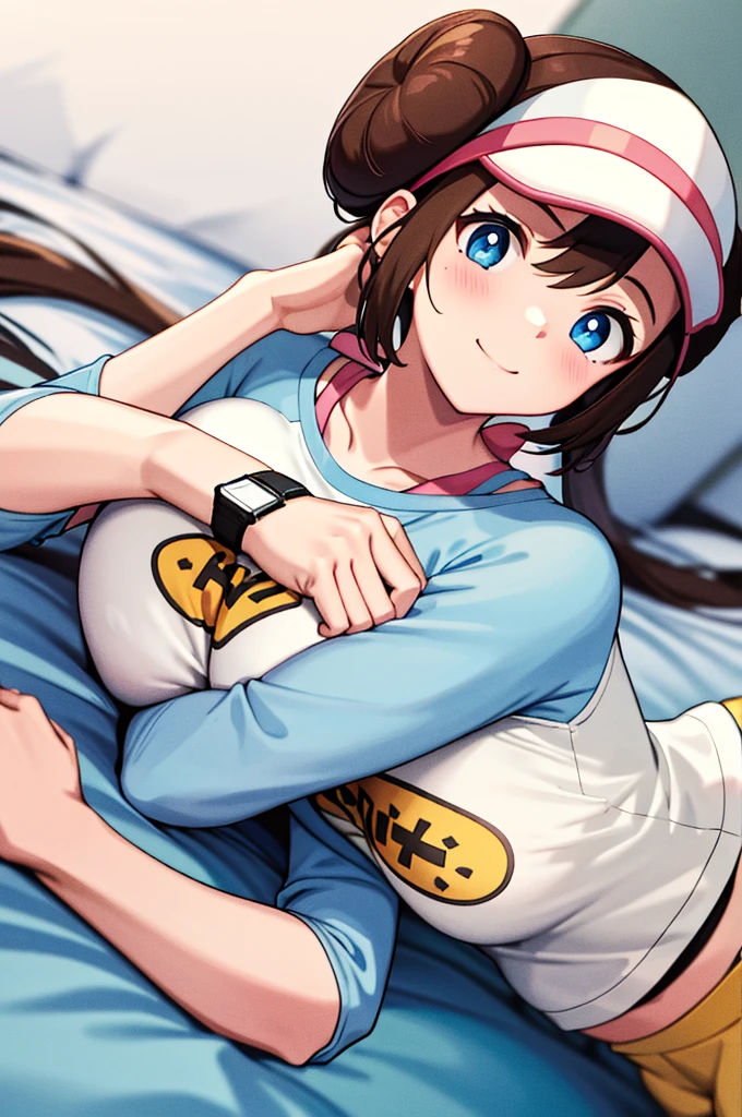 masterpiece, top-quality, hight resolution, RO1, Hair buns, blue eyess, Twin-tailed, Visor Cap, raglan sleeves, Yellow shorts, The shirt, Pink ribbon, Watches,large full breasts、、appealing breast、breastso、sexy tummy, tetas grandes, solo, 1girl, BEDROOM background, hands on chest, embarrased, blush, smile, lying on bed, side view,