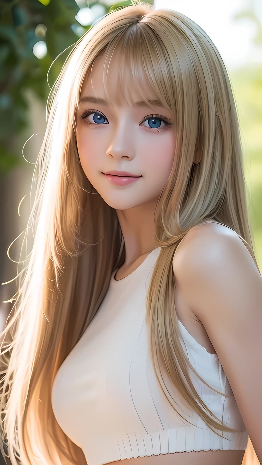 RAWE Photo, ((Portraits of extreme beauty))), (Glowing White Skin)), One girl, Pretty beautiful girl aged 15 from Prague, (Shiny bright natural blonde hair)), [Blue Eyes], Silky fine hair, Straight long hair, Eyeliner, Bangs, Hair between the eyes, Dancing Hair, Childish smile, ((Mastepiece, Best quality, Ultra Detail, Film Light, Intricate details, It is high resolution. , 8k, Very detailed)), Detailed background, 8K UHD, Digital SLR, Soft Light, High quality, Film Grain, Fuji XT3, Shallow depth of field, Natural light, (Perfect Hands), Perfect beautiful face, White Crop Top,((Full body pose)).