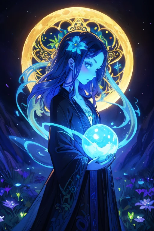 Magic plant ghost flower from the abyss, Image of an enchanted witch encountering an alien life form, Lit by bioluminescent plants, Very detailed, Ultra-realistic, 10k high resolution, Gouache style, doodle art, Lawn, Art Nouveau influences , Considering the, and future, Art of cryptography of the incredible moon,