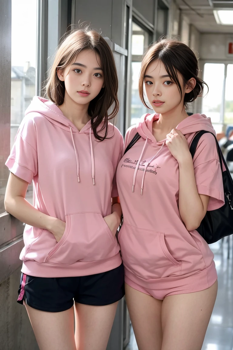 deux femmes ensemble de 18 ans sexy et mince , pink short sleeve hoodie , salle de classe, se touche,position sey,sensuel