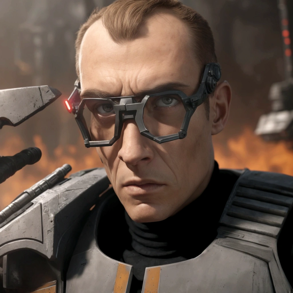 Create a close-up portrait of Tech from Star Wars: The Bad Batch, reimagined as an Imperial agent in the style of Warhammer 40,000. Focus on his facial features, highlighting his characteristic tech glasses and visor eyes integrated into his forehead. Capture his smirk, reflecting his confidence and intelligence. His appearance should blend the aesthetic of a sci-fi technician and a soldier, showcasing elements of advanced technology. The background should subtly evoke a high-tech, dystopian environment, emphasizing his role as a skilled and resourceful agent in the Star Wars universe.