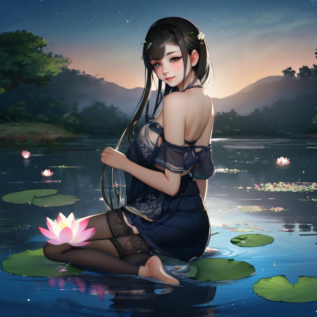 (High quality, 8k, original character), (Fact: 1.5), (Masterpiece, Best Quality, High Resolution: 1.2), Girl, Summer Night, (Stockings Smooth Texture: 1.5), Sexy Skirt, Delicate Eyes, Delicate Image, Boat, River, Face to Camera, A Large Lotus Blooms Behind It, Moonlight, Breeze, Fireflies