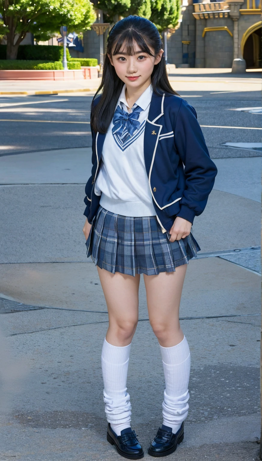 (photorealistic:1.4), (fullbody shot), best quality, masterpiece, raw 32k photo, (extremely detailed japanese beautiful girl), (extremely detailed eyes:1.2),(baby face), (cute face:1.2), ultra-detailed, ultra high res, amazing, BREAK,standing,
(school uniform:1.5),detailed school girl, (disneyland:1.4), beautiful detailed girl, bangs, cute face, miniskirt,(baggysocks)