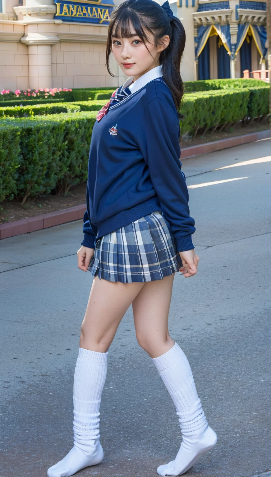 (photorealistic:1.4), (fullbody shot), best quality, masterpiece, raw 32k photo, (extremely detailed japanese beautiful girl), (extremely detailed eyes:1.2),(baby face), (cute face:1.2), ultra-detailed, ultra high res, amazing, BREAK,standing,
(school uniform:1.5),detailed school girl, (disneyland:1.4), beautiful detailed girl, bangs, cute face, miniskirt,(baggysocks)