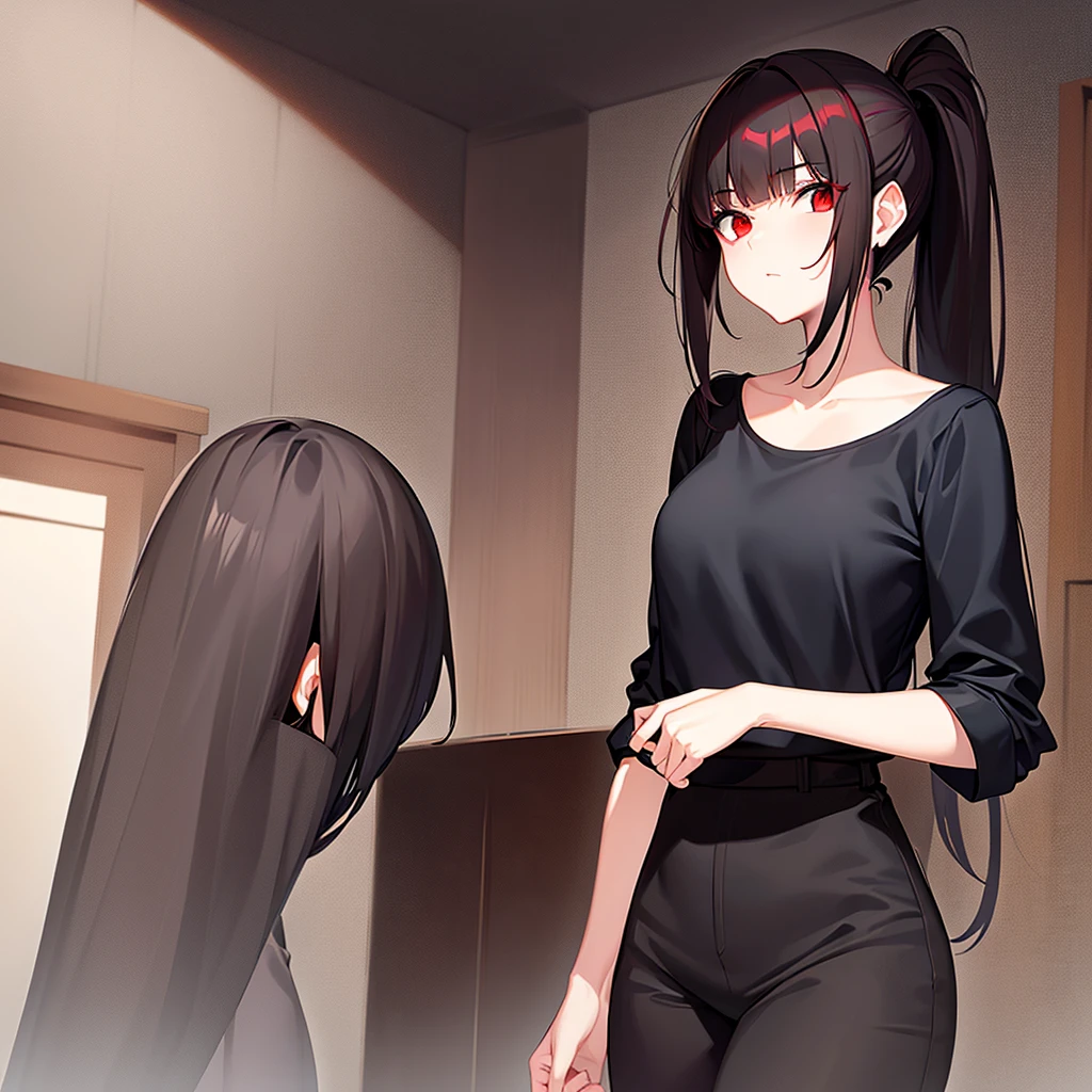 Tall girl Red eyes Dark hair Ponytail with fringe Front face