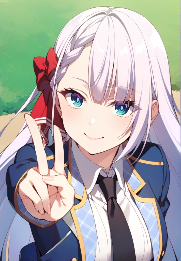 1girl, upper body, smile, standing, outdoors, background park, looking at viewer, riselia-cag, hair ribbon, red ribbon, long hair, white shirt, blue jacket, collared shirt, blue skirt, black necktie, , peace sign, V,