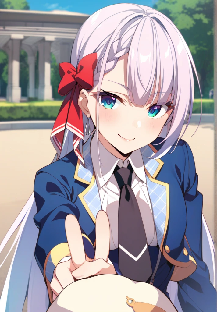 1girl, upper body, smile, standing, outdoors, background park, looking at viewer, riselia-cag, hair ribbon, red ribbon, long hair, white shirt, blue jacket, collared shirt, blue skirt, black necktie, , peace sign, V,
