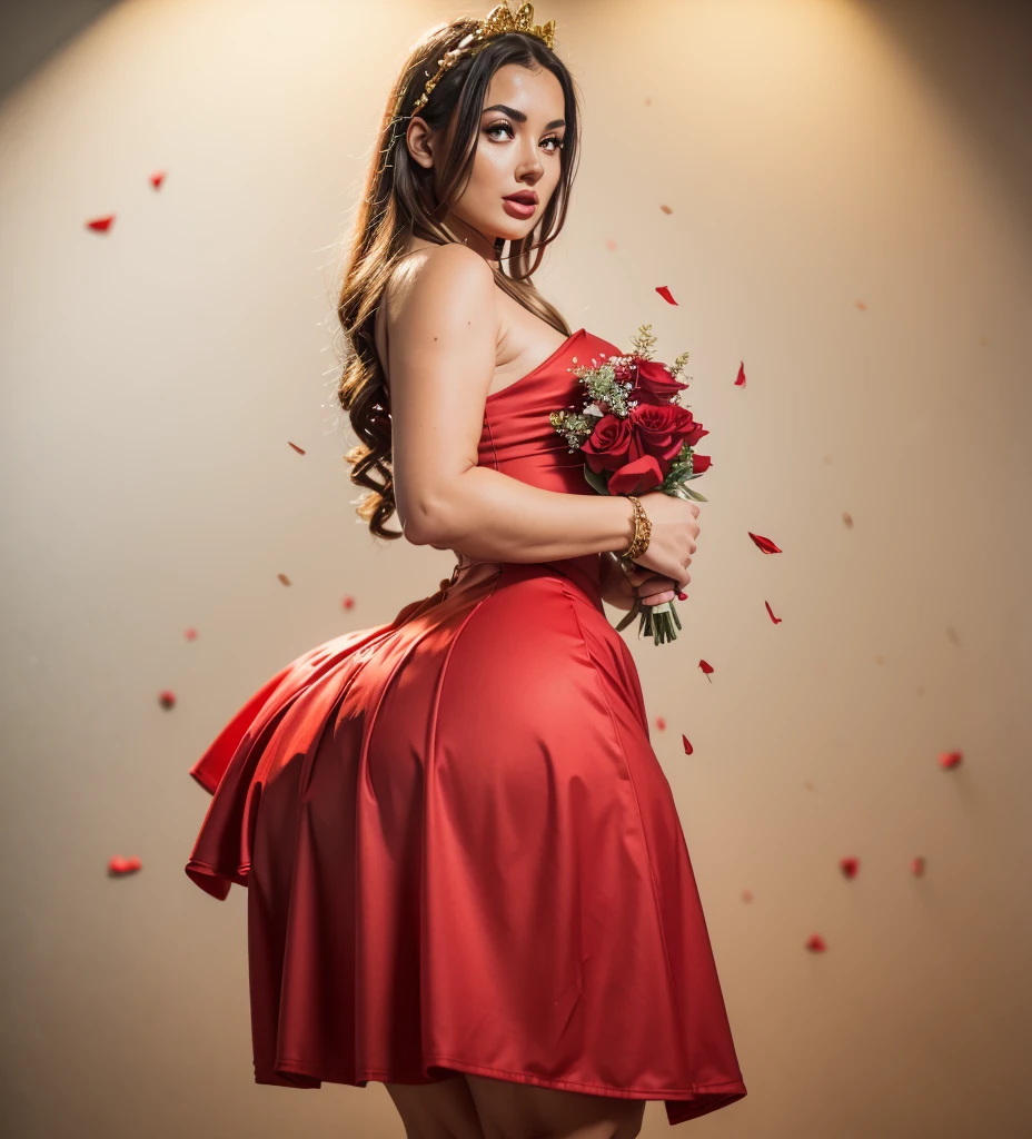 Create red roses with golden details under a luminous rain