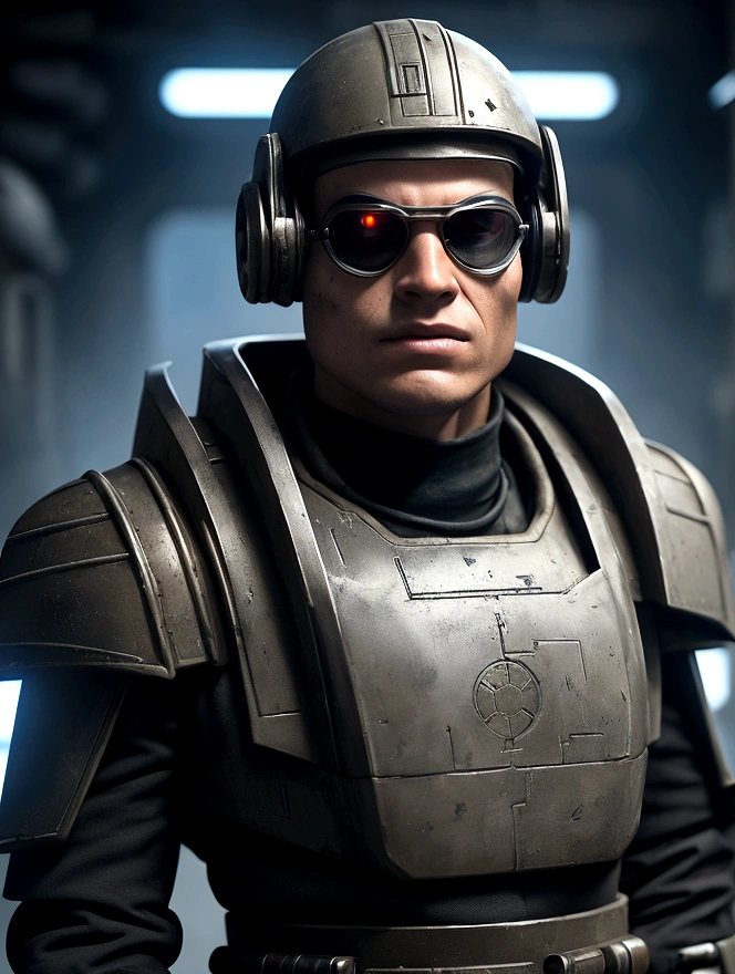 Create a close-up portrait of Tech from Star Wars: The Bad Batch, reimagined as an Imperial agent in the style of Warhammer 40,000. Focus on his facial features, highlighting his characteristic tech glasses and visor eyes integrated into his forehead. Capture his smirk, reflecting his confidence and intelligence. His appearance should blend the aesthetic of a sci-fi technician and a soldier, showcasing elements of advanced technology. The background should subtly evoke a high-tech, dystopian environment, emphasizing his role as a skilled and resourceful agent in the Star Wars universe.