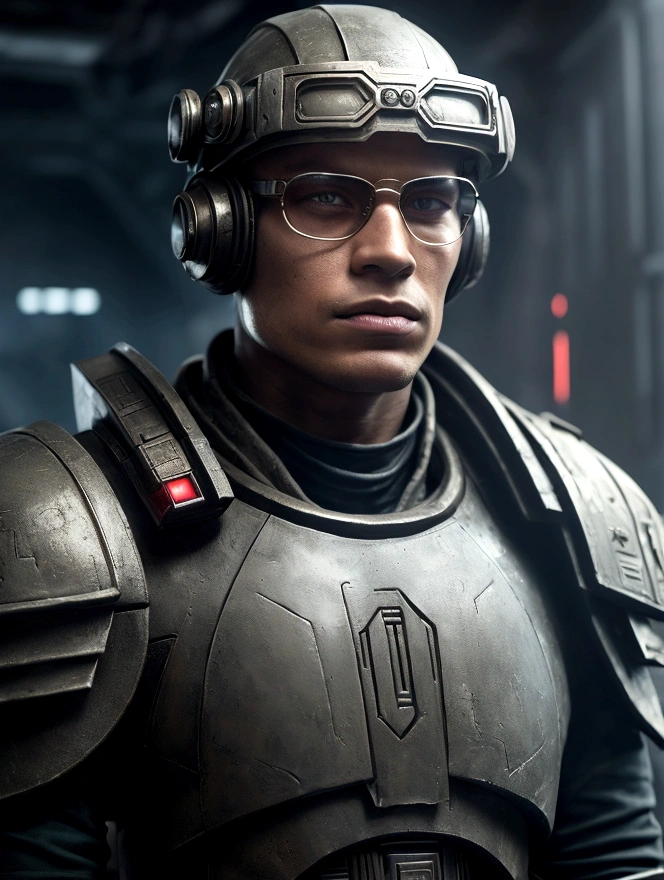 Create a close-up portrait of Tech from Star Wars: The Bad Batch, reimagined as an Imperial agent in the style of Warhammer 40,000. Focus on his facial features, highlighting his characteristic tech glasses and visor eyes integrated into his forehead. Capture his smirk, reflecting his confidence and intelligence. His appearance should blend the aesthetic of a sci-fi technician and a soldier, showcasing elements of advanced technology. The background should subtly evoke a high-tech, dystopian environment, emphasizing his role as a skilled and resourceful agent in the Star Wars universe.