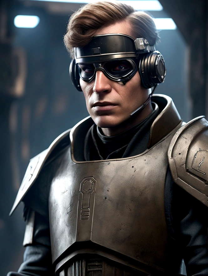 Create a close-up portrait of Tech from Star Wars: The Bad Batch, reimagined as an Imperial agent in the style of Warhammer 40,000. Focus on his facial features, highlighting his characteristic tech glasses and visor eyes integrated into his forehead. Capture his smirk, reflecting his confidence and intelligence. His appearance should blend the aesthetic of a sci-fi technician and a soldier, showcasing elements of advanced technology. The background should subtly evoke a high-tech, dystopian environment, emphasizing his role as a skilled and resourceful agent in the Star Wars universe.