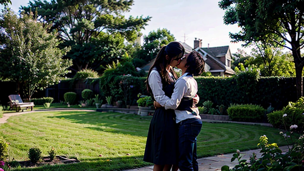 A MAN AND A WOMAN KISSING IN THE GARDEN OF THEIR HOUSE
