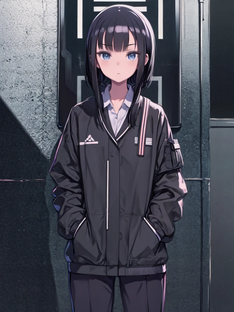 masterpiece, Highest quality, 1 person, uniform, Put your hands in your pockets, school bag, Black Hair, Iris, cyber punk, street, Monochrome, Line art