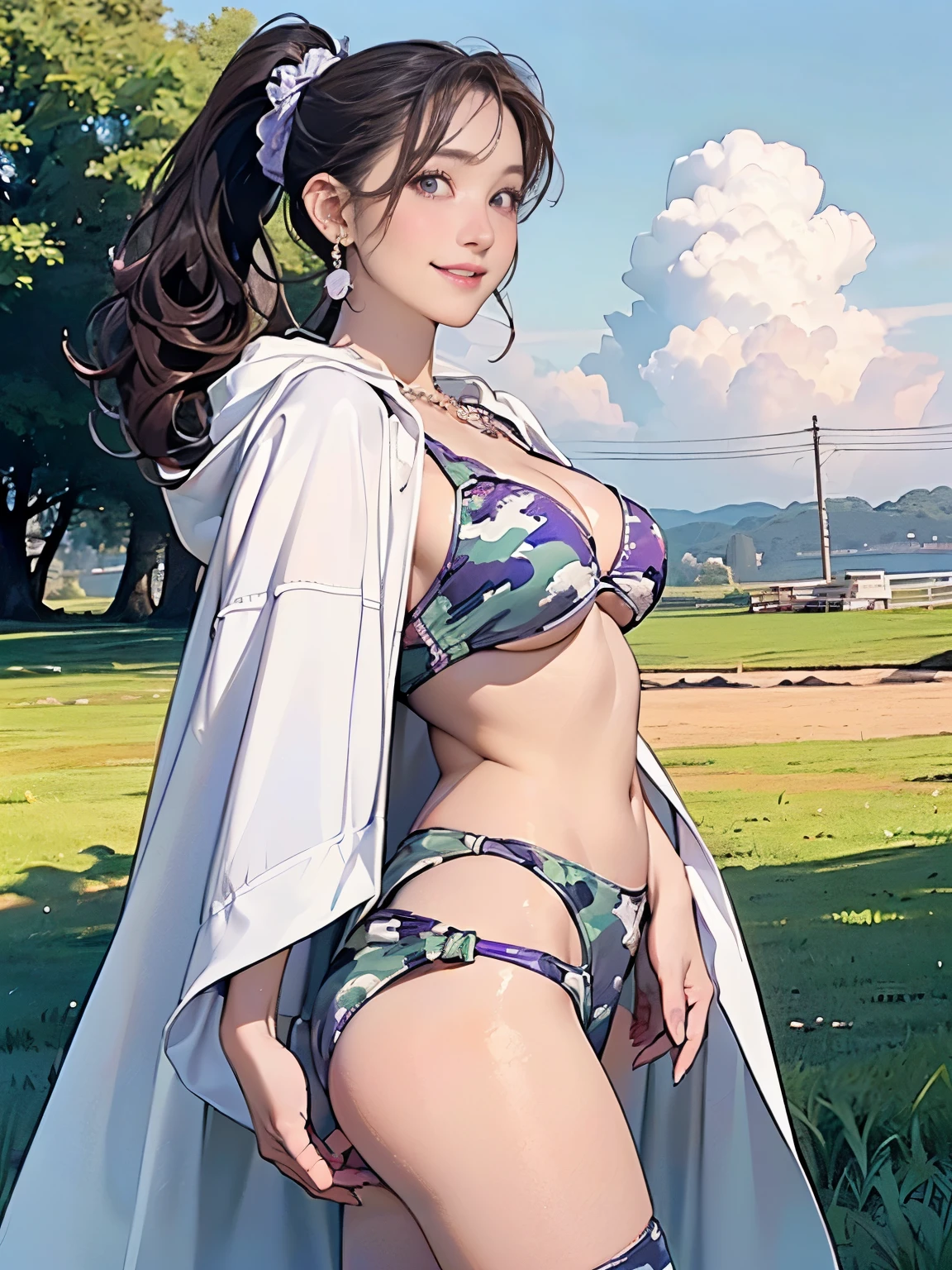 ((((Highest quality))))、(((Ultra-precision CG16K wallpaper)))、(((masterpiece)))、(((Super detailed)))、(((Extreme detail)))、((１Mature 29 year old woman:1.6))、((Very beautiful Japan face of a person))、((Urizane Face:1.8))、((Soft wavy ponytail medium hair:1.8))、(Shiny Hair)、A delicately drawn beautiful face、Dark Eyes、double eyelid、High nose、Small nostrils、Small Mouth、Seductive lips、Beautiful breasts、((C cup size breasts))、Cleavage、Beautiful feet、eight-headed body、Perfect proportions、Perfect Anatomy、Perfect composition、Beautiful detailed shading、Beautiful, natural lighting、Beautiful detail glow、Depth of written boundary、(((High chroma)))、(((Real:1.9)))、((vivid:1.5))、((Beautiful Skin))、((Skin Texture))、((Realな皮膚感))、(((Cowboy Shot:1.6)))、((front view、shoot from front、front low angle:1.6))、(((smile:1.6)))、((The woman is looking at this、looking at viewer:1.6))、Bright daylight、Natural light、(((Grass Square、null、cloud:1.5)))、(Standing pose:1.6)、(((white cloak&Light purple camouflage bikini swimsuit:1.6)))、((Scrunchie Ribbon、necklace、Wearing earrings:1.5))、((Lace Stockings Clothed:1.3))、