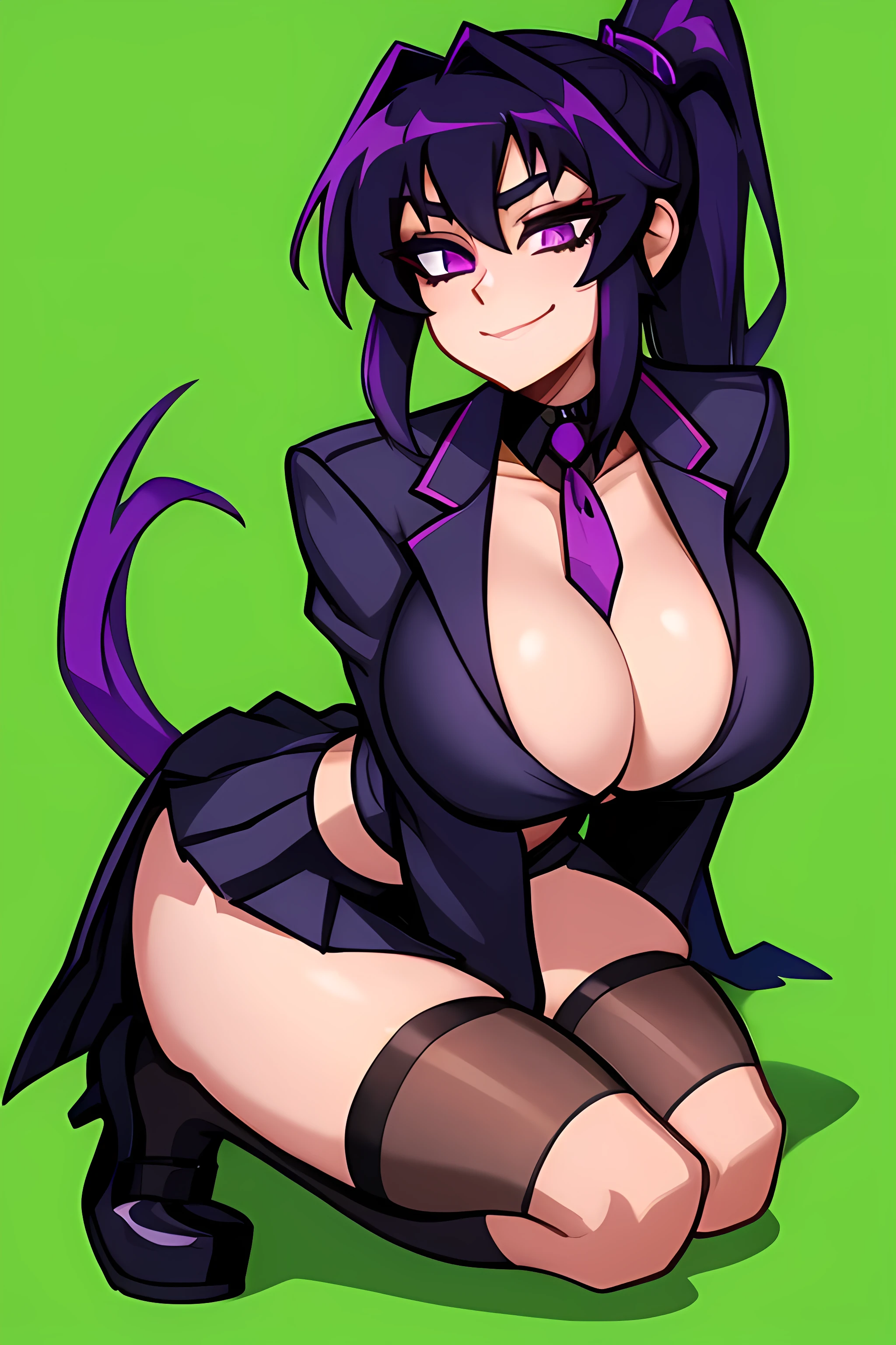 Akeno Himejima,purple hair tied in a ponytail,with big breasts,firm mules with a black skirt and a striking neckline,eyes color of the same hair smiling bold .
