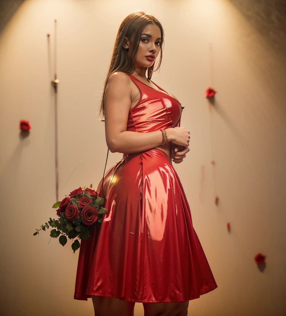 Create red roses with golden details under a luminous rain, image with lurid lighting