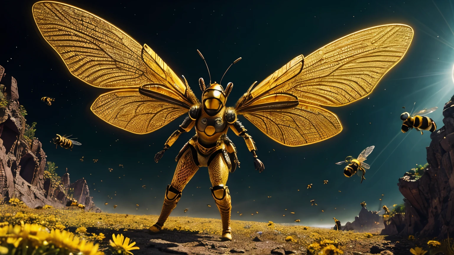 14-year-old girl,full body bee armor,wings,flying,highly detailed insect-like exoskeleton,intricate bee-themed design,glowing stinger,golden honeycomb patterns,buzzing sound effects,swarm of bees,fantasy landscape background,dramatic lighting,cinematic composition,vibrant colors,elegant pose,dramatic action,epic scale,award winning digital art