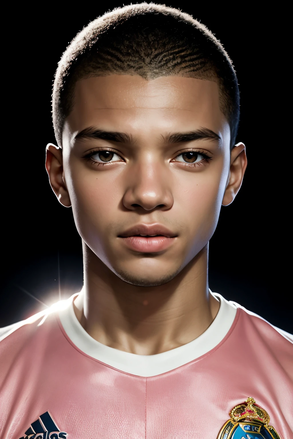 star eye, blush, perfect lighting, Eyes red, engine unreal, side lighting, face detailed, shining skin, simple background, darkness background, Real Madrid, Santiago Bernabeu, Mbappe
