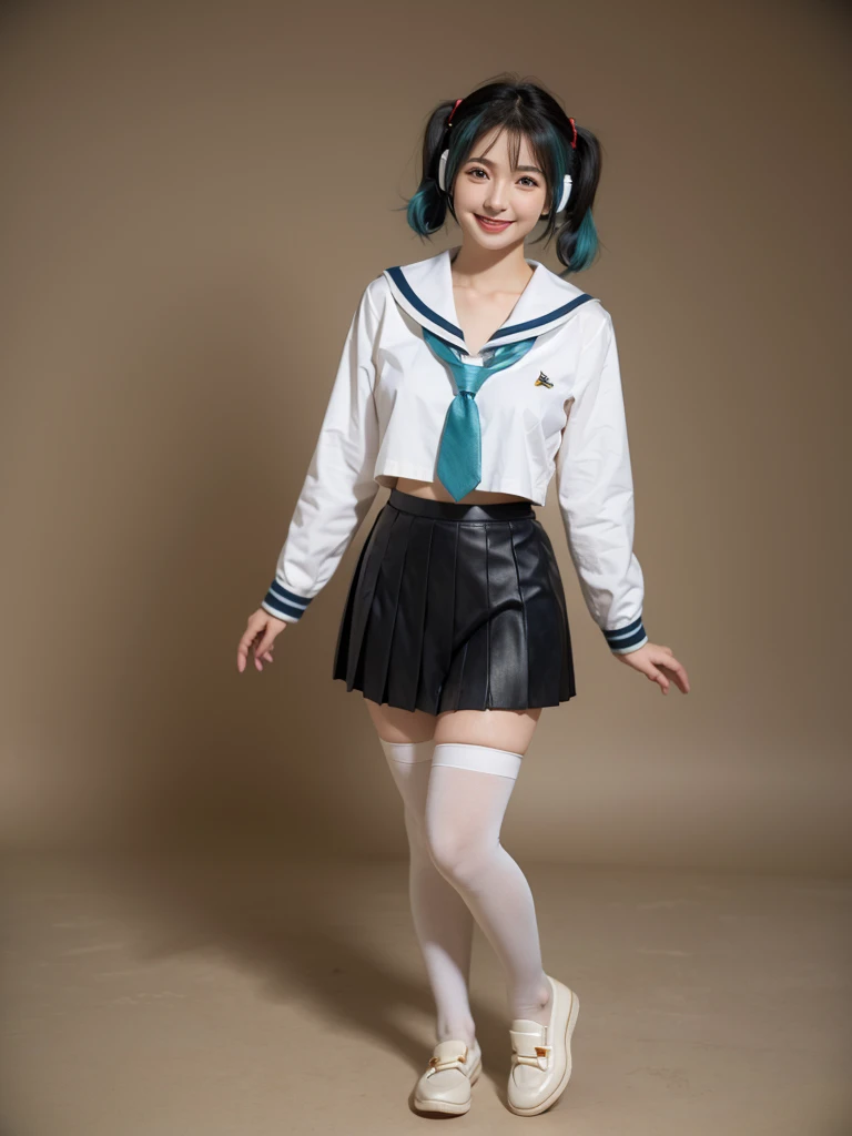 best quality, masterpiece, realistic, photorealistic, 1girl, 独奏, looking at viewer, smile, standing, full body, arms at side, cosplay, aqua hair, twintails, hair ornament, very short hair, headphones, alternate costume, , sailor collar, shirt, long sleeves, necktie, skirt, pleated skirt, white thighhighs, loafers, simple background, Japanese women、24-years-old