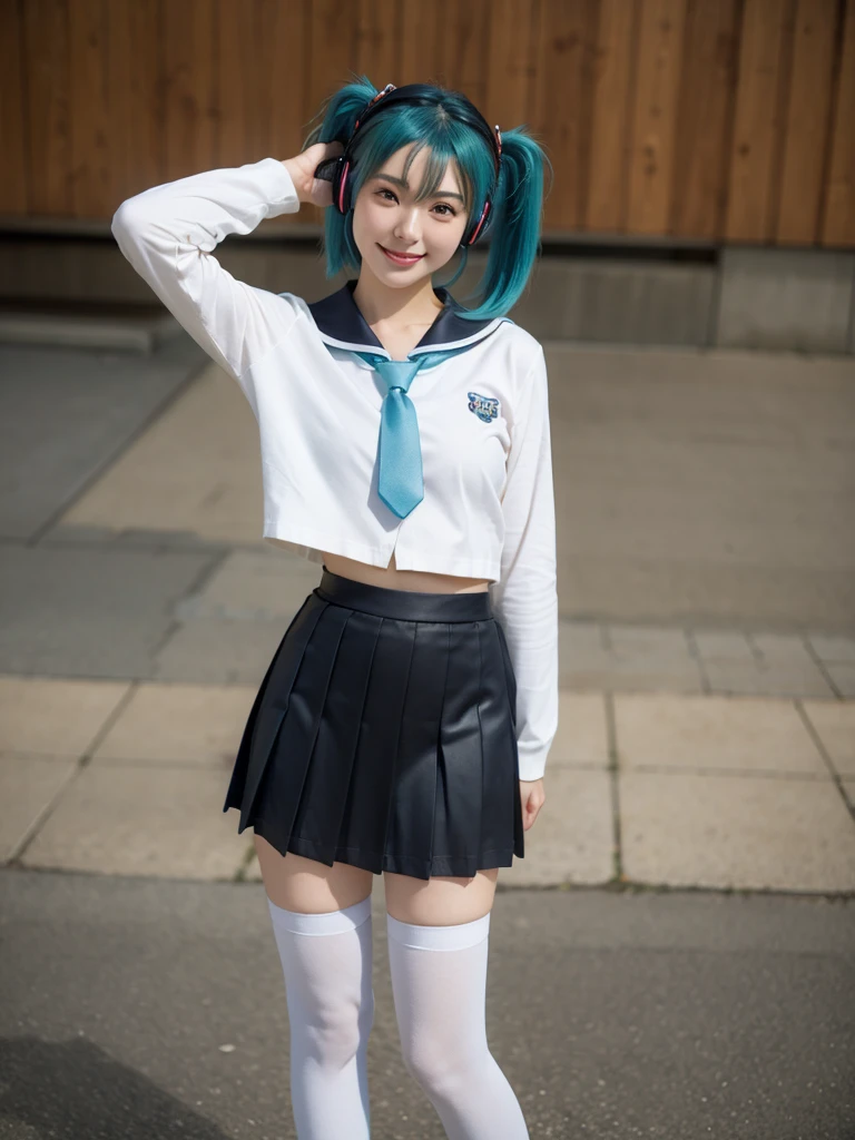 best quality, masterpiece, realistic, photorealistic, 1girl, 独奏, looking at viewer, smile, standing, full body, arms at side, cosplay, aqua hair, twintails, hair ornament, very short hair, headphones, alternate costume, , sailor collar, shirt, long sleeves, necktie, skirt, pleated skirt, white thighhighs, loafers, simple background, Japanese women、24-years-old