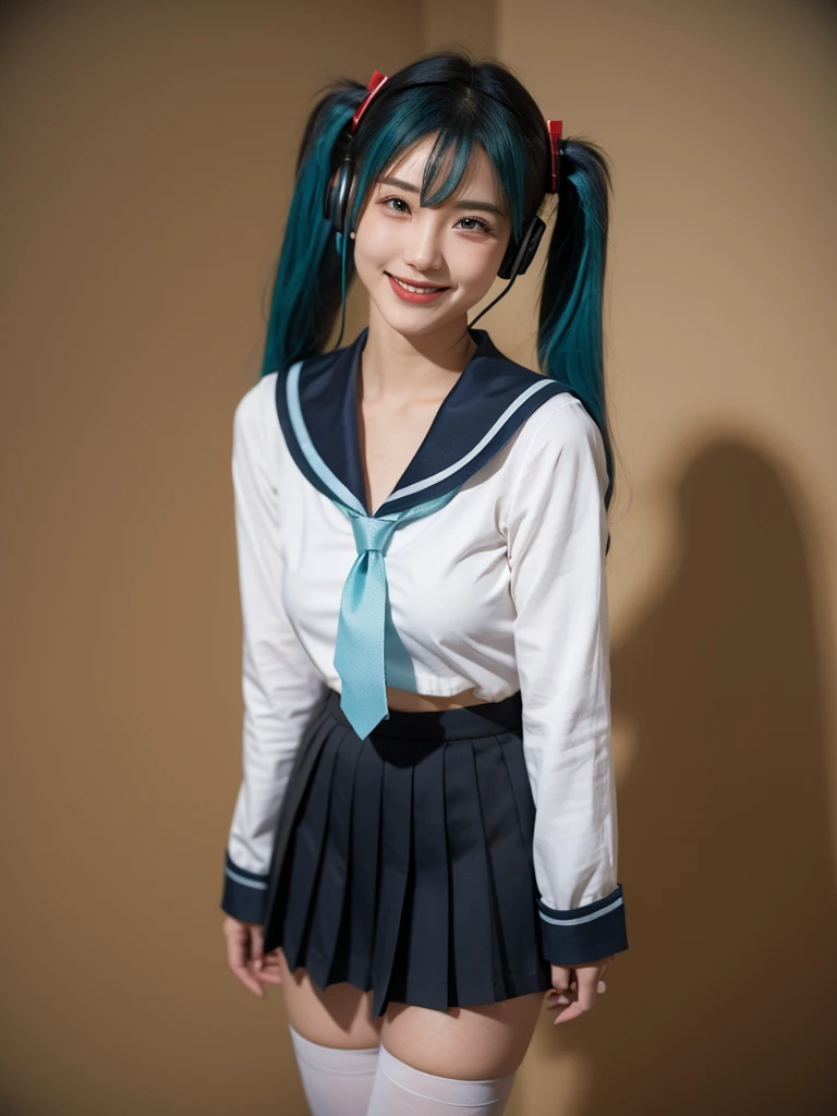 best quality, masterpiece, realistic, photorealistic, 1girl, 独奏, looking at viewer, smile, standing, full body, arms at side, cosplay, aqua hair, twintails, hair ornament, very short hair, headphones, alternate costume, , sailor collar, shirt, long sleeves, necktie, skirt, pleated skirt, white thighhighs, loafers, simple background, Japanese women、24-years-old