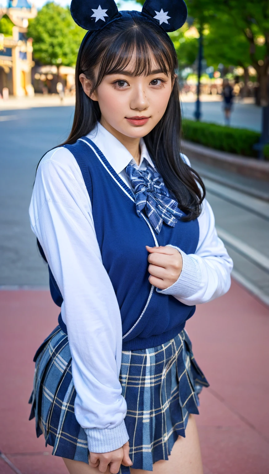 (Realistic:1.4), Highest quality, masterpiece, RAW32K Photo, (Highly detailed beautiful Japanese girls), (Very fine grain:1.2), (),(Cute face:1.2), Super detailed, Ultra-high resolution, wonderful, break,
(school uniform:1.5), Detailed school girl, (Disneyland:1.3), Beautiful detailed girl, bangs, Cute face, mini skirt,(thigh)、(She lifts her skirt to show her white panties)