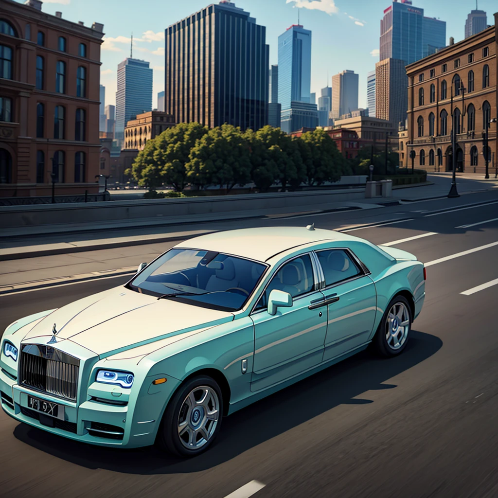 "Rolls Royce" driving down the street, cinematic action, masterpiece, super detail, textured skin, atmospheric perspective,