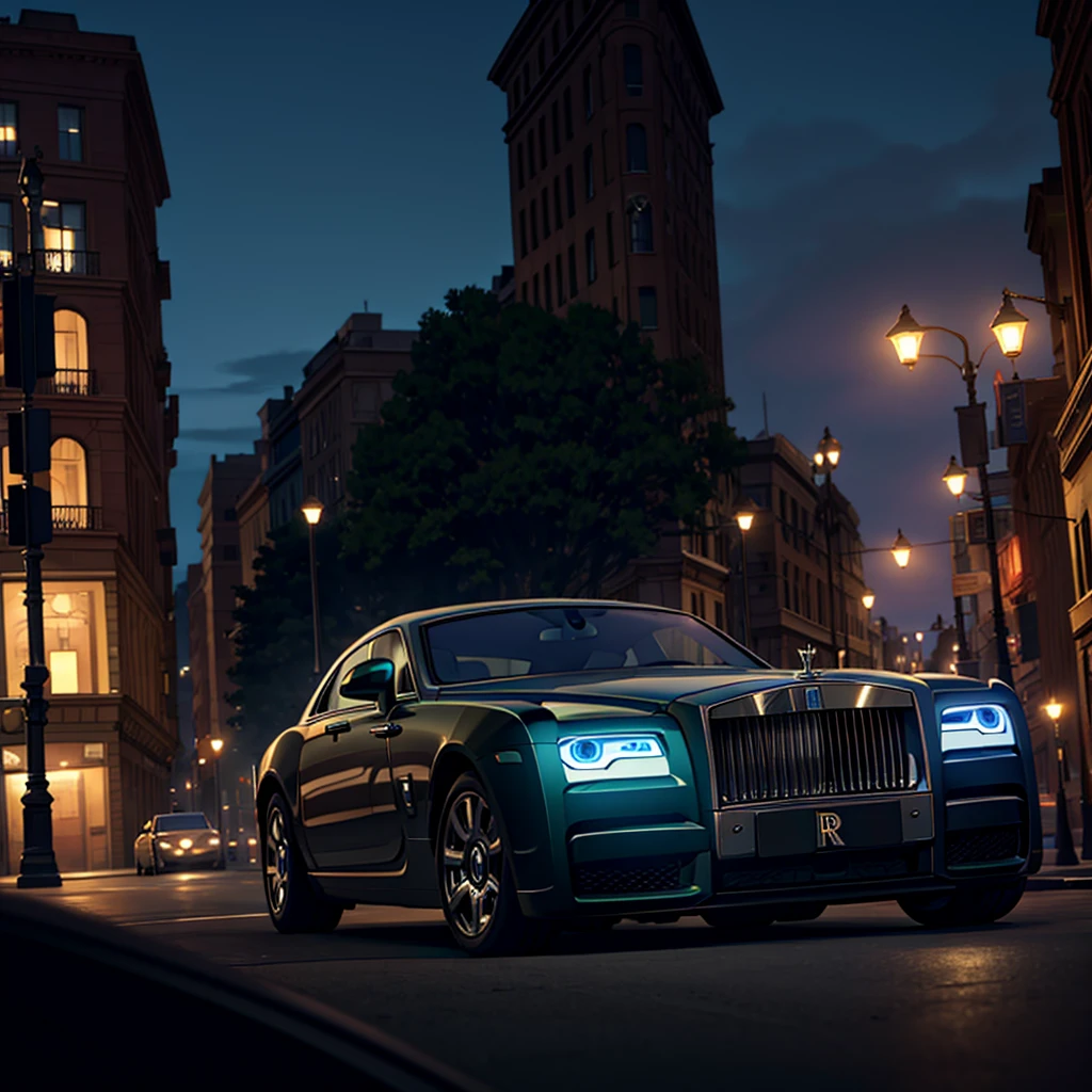 "Rolls Royce" driving down the street, cinematic action, masterpiece, super detail, textured skin, atmospheric perspective,
