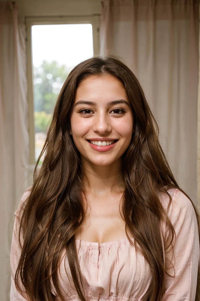 a photo-realistic portrait of a beautiful Palestinian woman with long brown hair, pink dress, white teeth, and a cute smile, with highly detailed and realistic facial features, modest expression, and realistic white skin tone