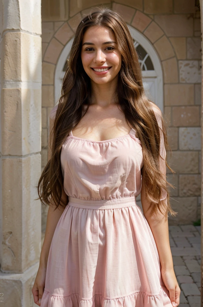 a photo-realistic portrait of a beautiful Palestinian woman with long brown hair, pink dress, white teeth, and a cute smile, with highly detailed and realistic facial features, modest expression, and realistic white skin tone