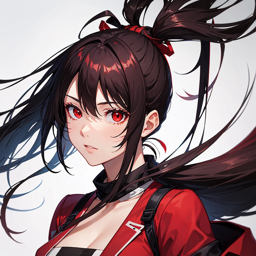 Tall girl Red eyes Dark hair Ponytail with fringes Face forward 