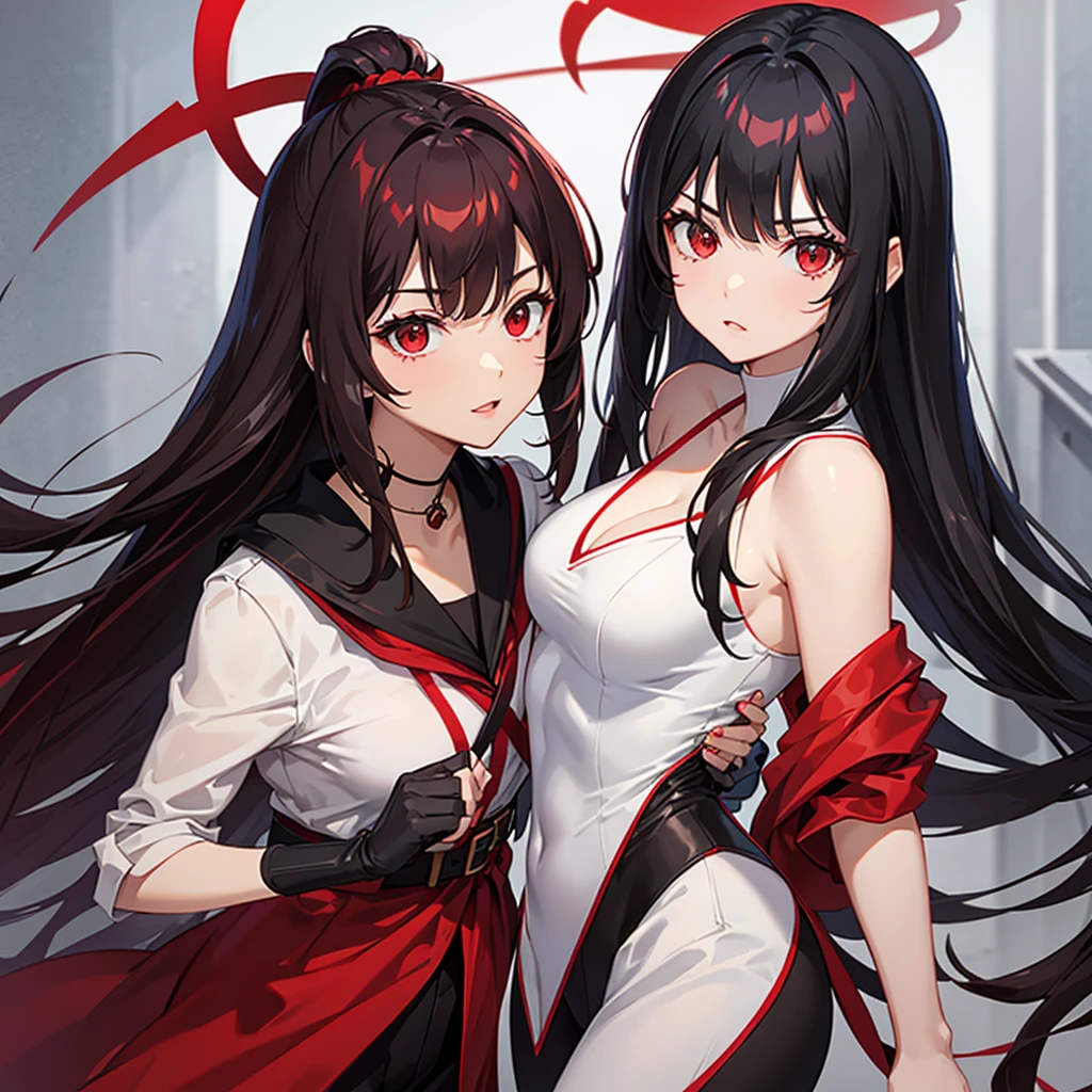 Dynamic composition、((Perspective Lens, Woman with long hair, Dynamic poses with serious and mean expressions, Holding a large Barrett MB2A1 with both hands)) ((Pure Red Background:1.2)),Anime Style、Detailed eyes、Looks like she's in her early 20s,Shooting in mid-motion,With her long braided hair fluttering. Her outfit is reminiscent of a butterfly,Black, red and gold colour palette,Be playful.Dragon Ball Scouter、neon_outlines