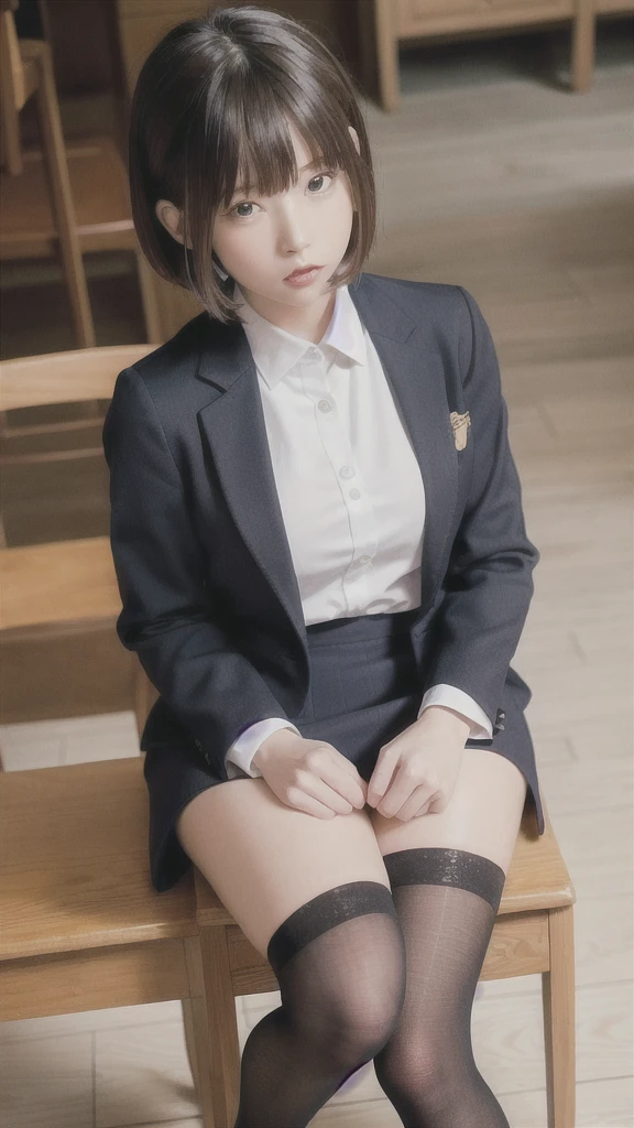 Top Quality, Photorealistic, 8k, High Definition, 1 Girl, Female, (Middle: 1.8), School, Library, , Blazer, Uniform, Pubic hair visible, No panties, Skirt boldly pulled up, ((Sit on chair and legs wide open)), Bend your knees and open your legs, Slightly shorter hairstyle, Stockings, Grab your knees with your hands and open your legs