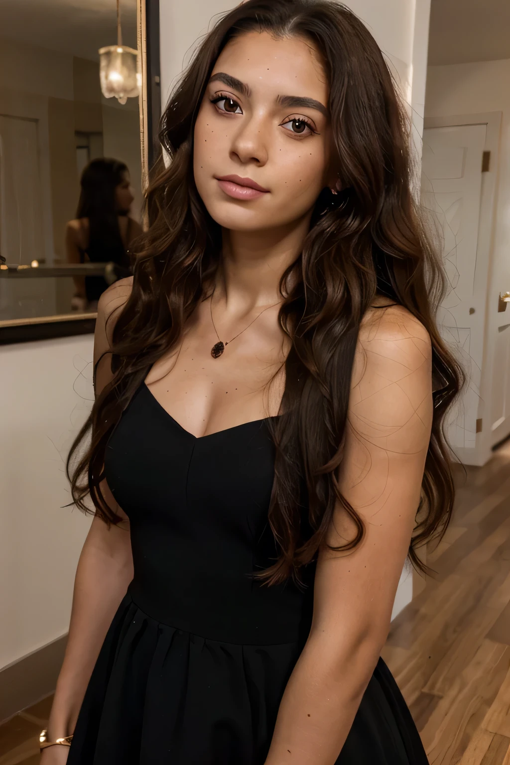 "Black dress with red heels and sparkling jewelry, 19 years old latina, girl, brunette hair, highly, realistic, detailled face and beautiful clear skin, realistic amber eyes, big natural , mid hair, freckle mid face, seductive smirk