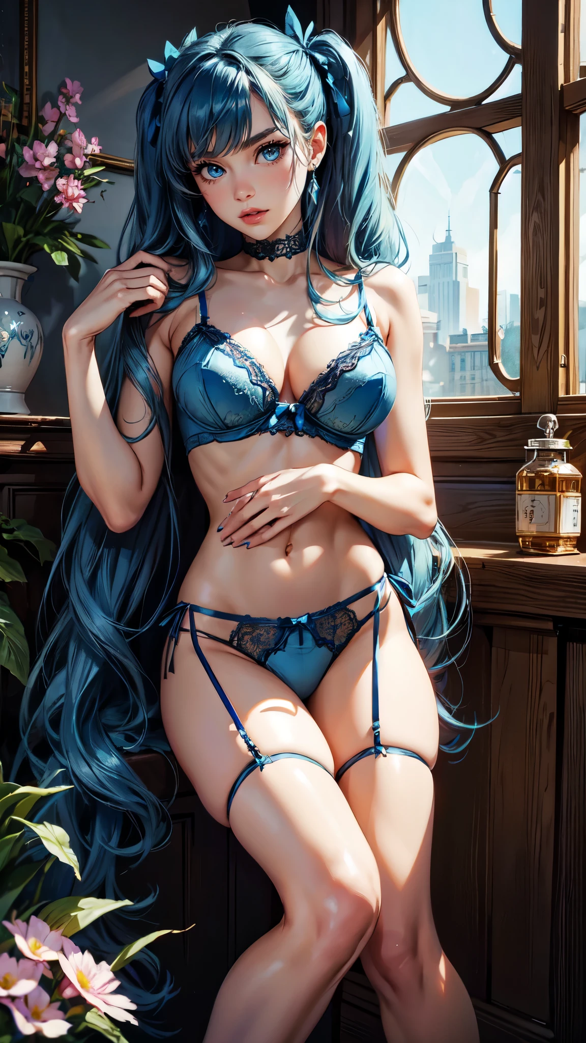 absurd, 8K, High Resolution, Ultra Detailed, Beautiful, Masterpiece, Best Quality, Very Pretty Woman, Young, Very Pretty Woman, Sexy, Straight Hair, Sexy, Detailed Female Face, Very Attractive, (blue lingerie:1.4), full body, btpt-fc, Gwen, long hair, twintails, drill hair, bow, blue hair, hair bow, blue eyes,detailed eyes, detailed hands, detailed face, colors, flowers
