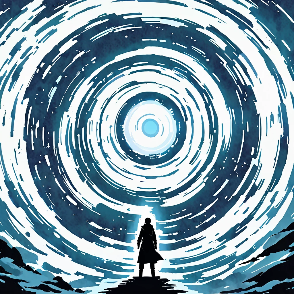 (Masterpiece), (Best Quality), illustration, Fictional world, Dungeonpunk, portal, ((anime styling))
Boy with white hair ( Similar to Satoru Gojo ) dark shaped eyes, Black clothing with white details, standing backwards, approaching the portal that is just ahead