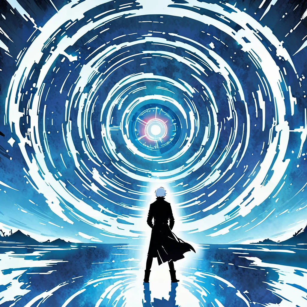 (Masterpiece), (Best Quality), illustration, Fictional world, Dungeonpunk, portal, ((anime styling))
Boy with white hair ( Similar to Satoru Gojo ) dark shaped eyes, Black clothing with white details, standing backwards, approaching the portal that is just ahead