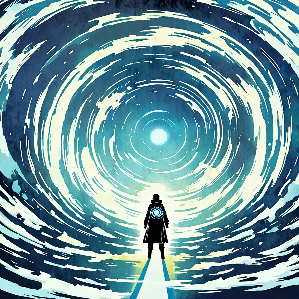 (Masterpiece), (Best Quality), illustration, Fictional world, Dungeonpunk, portal, ((anime styling))
Boy with white hair ( Similar to Satoru Gojo ) dark shaped eyes, Black clothing with white details, standing backwards, approaching the portal that is just ahead