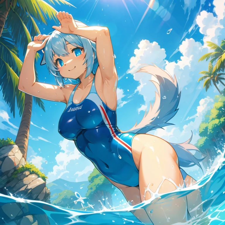 Masterpiece, cover_page, highres, top quality, best quality, High-quality illustration, unparalleled masterpiece, perfect artwork, super high resolution, detailed background, Solo focus, furry grey anthro girl, kemono, has Blue eyes, wears swimsuit, bathing in water, beautiful refraction of water, Dreamy, mystical, Happy, joyful(Photos of solo travelers)cinematic lighting, dynamic angle,