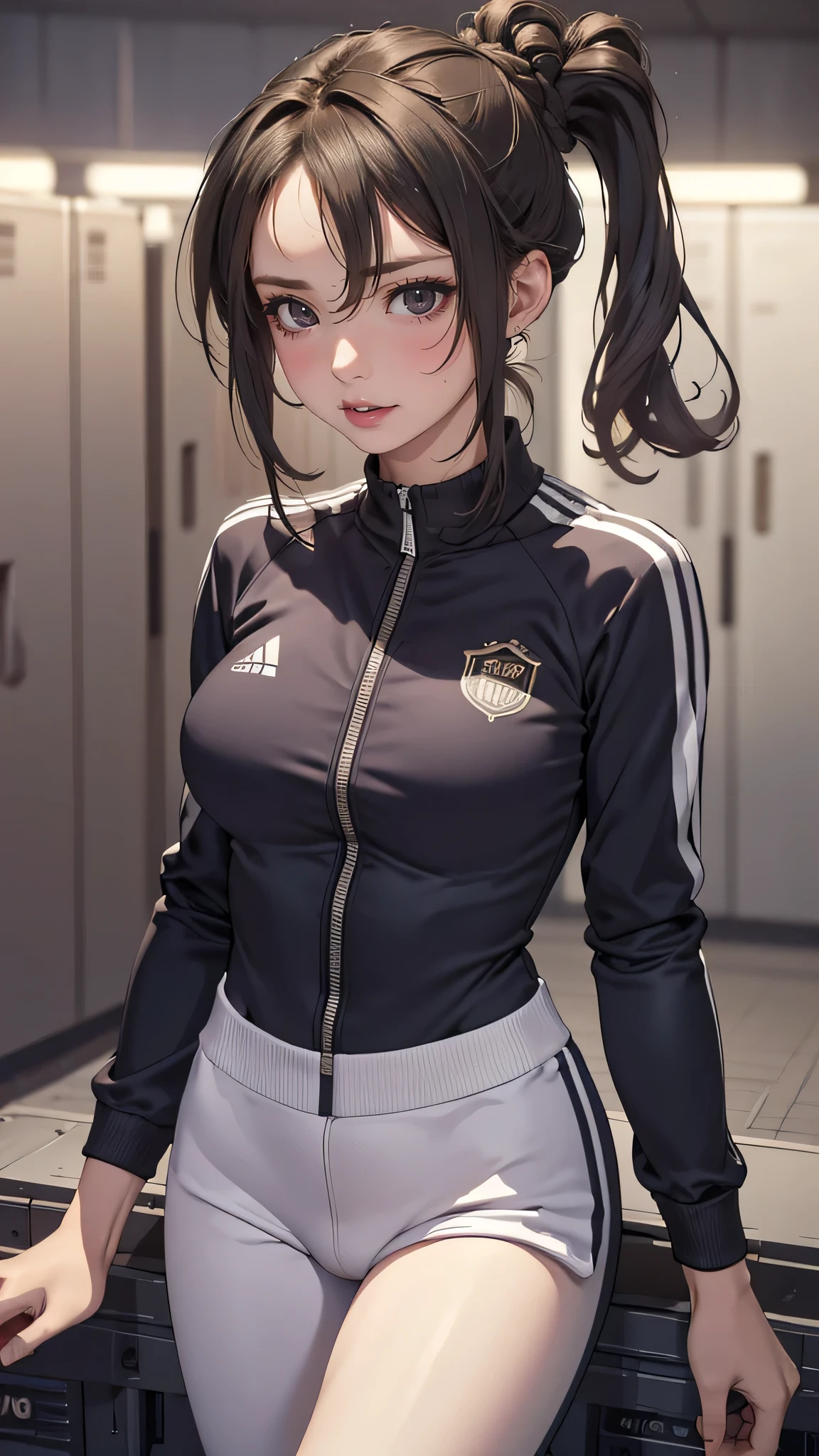 locker room,sexy track suit,(Thin type:1.5),(large breasts),(random hairstyle),(Highest image quality,(8K), Ultra-realistic, Best Quality, High quality, High Definition, high quality texture, high detailing, Beautiful detailed, fine detailed, extremely details CG, Detailed texture, realistic representation of face, masterpiece, presence)