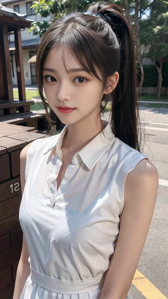 White collared shirt,jeans,Park,On the lawn,Close up face,One woman,masutepiece, The highest image quality, High quality, the background is clear,Beautiful woman, Japanese,Ultra-detailed, finely detail, hight resolution, 8K Wallpaper, Perfect dynamic composition, Beautiful detailed eyes , Detailed, Detailed eyes, Detailed skin, Beautiful skin, 超hight resolution, (reality: 1.4),Very beautiful woman, Slightly younger face, Beautiful skin, slender, (Ultra photo realsisim), (hight resolution), (8K), (Very detailed) (beautifully detailed eyes), (super detailed), (Detailed face), view the viewer, Fine details, Detailed face, Staring straight ahead, Staring straight ahead, photos realistic, Bright lighting, Professional Lighting, Black hair,poneyTail,a baby face,fourteen years old,Hairstyle: ponytail,Long ponytail hairstyle,slight smile,neat and tidy clothing,Beautiful Japanese KPOP idol photo, hair style is ponytail, my eyes are double and wide, baby face, smile and look straight ahead, slender, small breasts,Close up face,