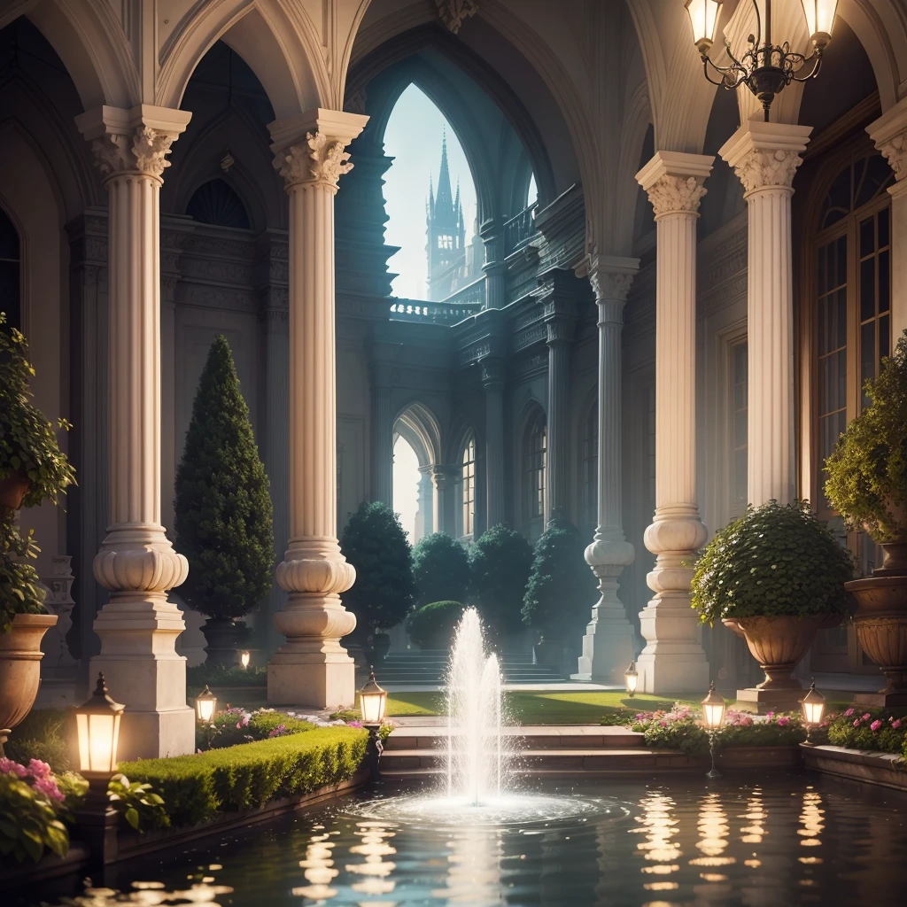 Lord white Palace in the city , soft lights, garden , fountain, microdetail,