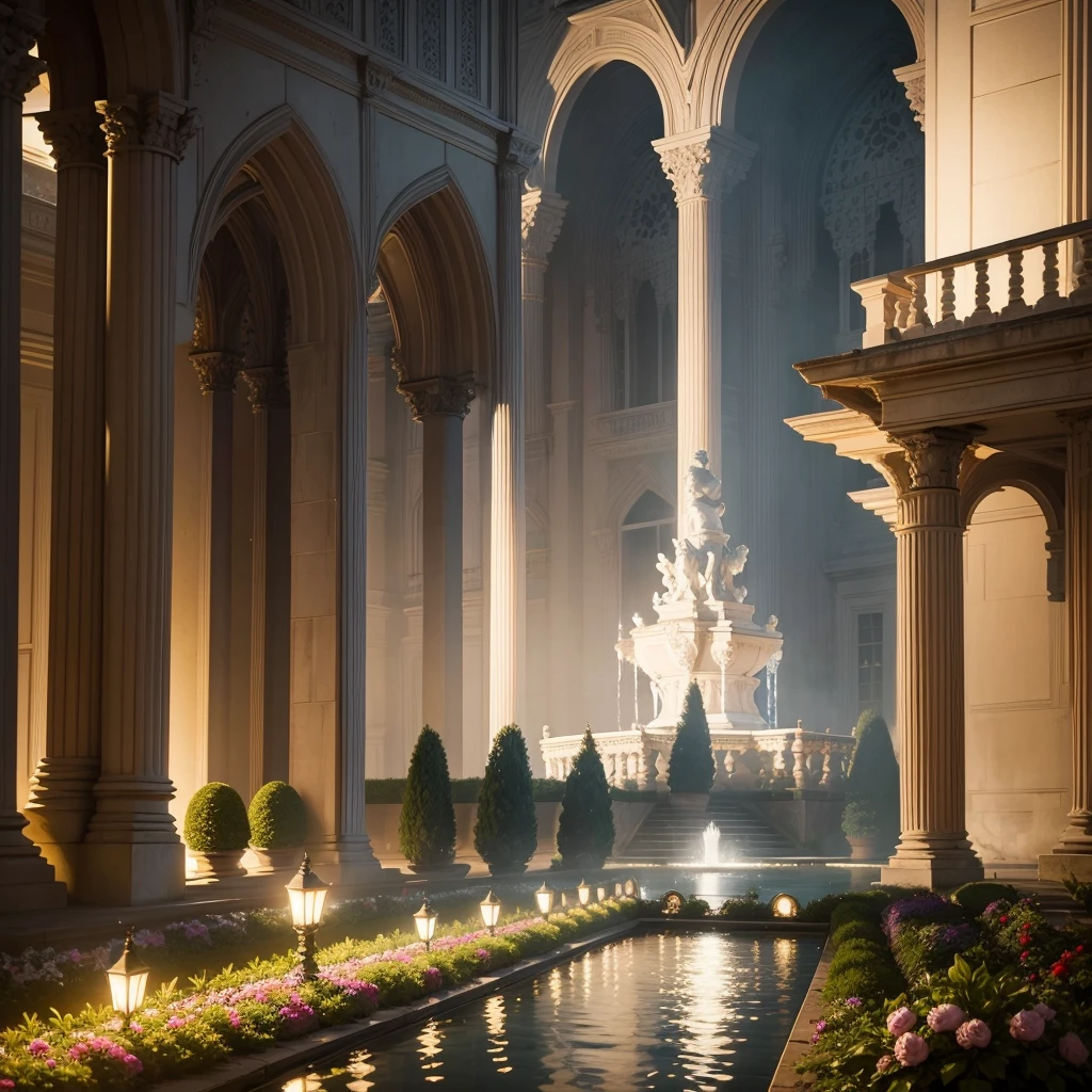 Lord white Palace in the city , soft lights, garden , fountain, microdetail,