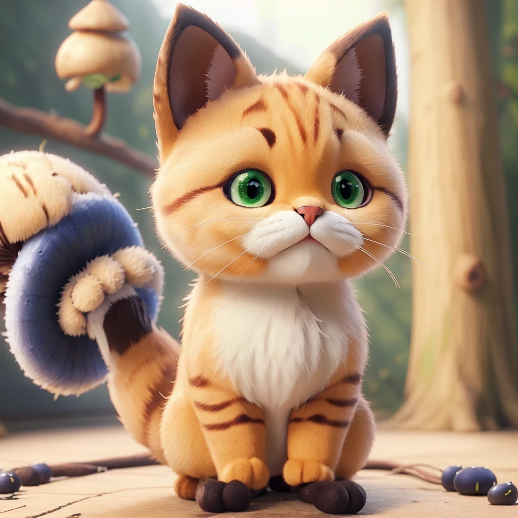 After the cat ate green poisonous mushrooms,Turned into a poisonous mushroom cat。 Wearing a green matcha mushroom-shaped hat,But without losing its original cat face and characteristics。 Its body and legs are shaped like poisonous mushrooms,body becomes round,The legs also become shorter,But without losing the cat’s hair。 The eyes become too round and too,A green one,Another sapphire blue